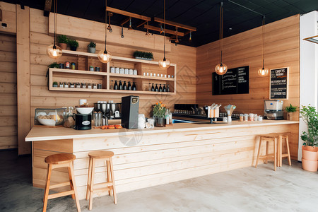 美食装修木质装修的咖啡店背景