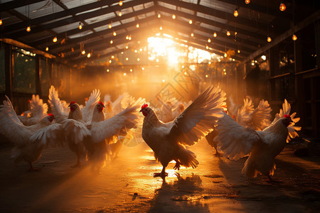 鸡与人物相伴阳光下鸡群在谷仓周围悠闲觅食背景