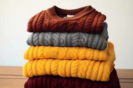 温暖颜色时尚的毛衣在木桌上背景