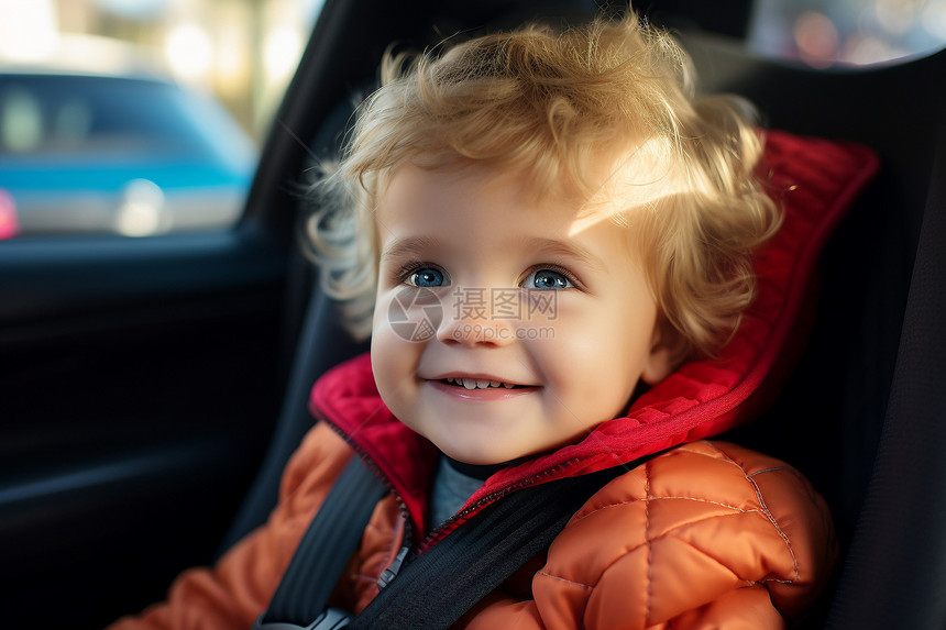 汽车座椅上微笑的婴儿图片