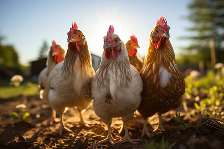 农村户外草地上的一群鸡在觅食图片