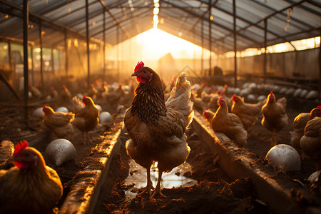 家禽农场阳光下养殖场里的母鸡背景