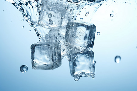 星体三维渲染冰块融入水中水面上冒出泡泡冰块呈现三维渲染艺术概念背景