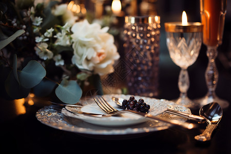盘子花朵浪漫的晚餐背景
