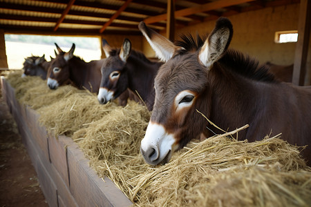 奔跑的毛驴一群驴在谷仓里吃干草背景
