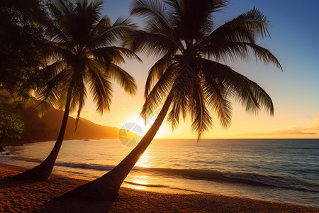 日落海滩上两棵棕榈树的夕阳景色图片