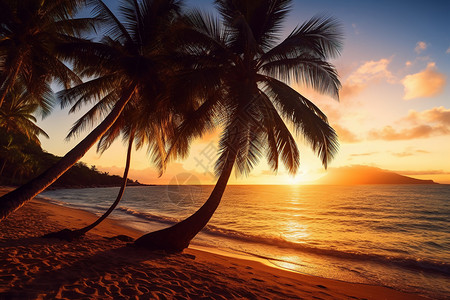 夏季美景棕榈树下的热带日落高清图片