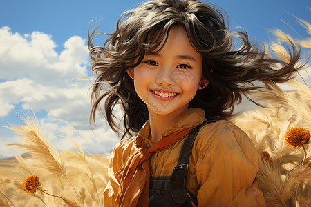漂亮的里面稻田里面开心的女孩油画插画