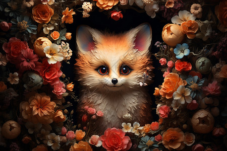 小心心边框花朵边框中的狐狸插画