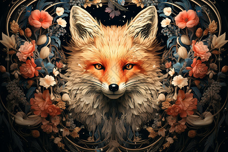 绘画的花朵和狐狸插画图片