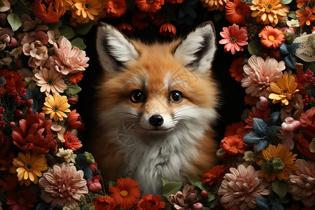 花朵中可爱的狐狸图片