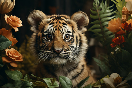 花草中的小老虎背景图片