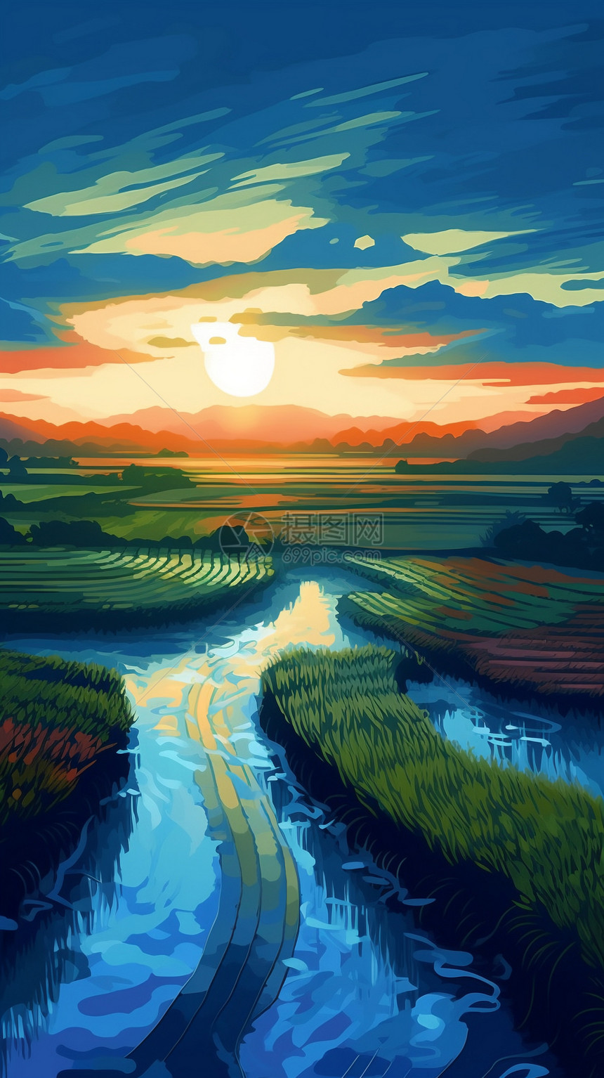 河流穿过郁郁葱葱的稻田图片