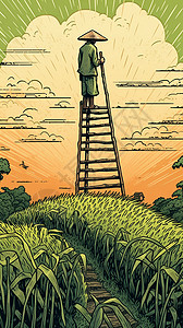 有情况农民登上梯子查看稻田情况插画
