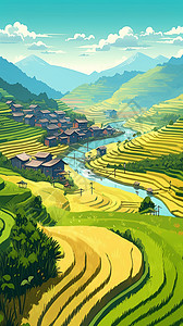 山梯梯田里金黄的水稻插画
