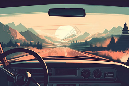 黄昏道路风景道路上行驶的汽车插画