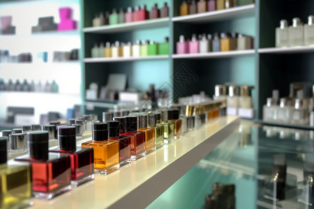 化妆品货架商店柜台上的香水背景