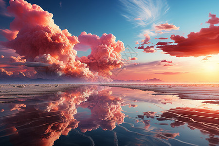 黄昏水面水面映射出多彩的云朵插画