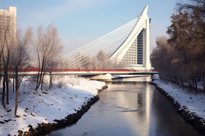 冬日白雪中的美丽桥梁图片