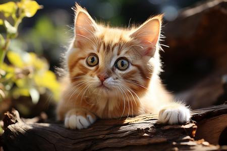 木头上的猫阳光下一只小奶猫坐在一根木头上背景