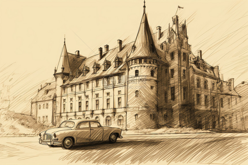 古堡前停放的小汽车图片