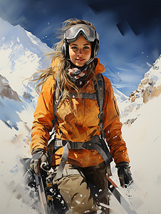 女子在山上滑雪图片