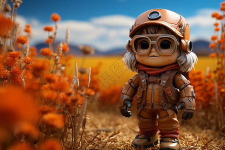 宇航员帽子小娃娃戴着头盔和眼镜站在花海中插画