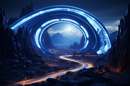 夜晚山路未来世界的隧道奇观设计图片