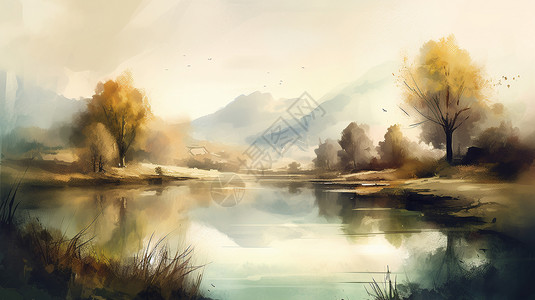 湖光山色油画背景图片