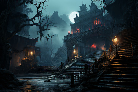 夜黑风高神秘的寺庙背景