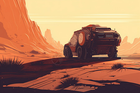 人迹罕至驶过沙漠公路的车辆插画