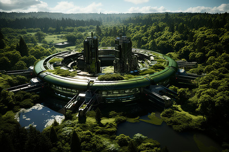绿色大森林森林围绕的科技建筑设计图片