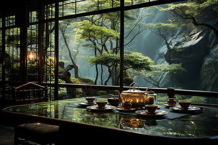 桌子和茶壶树木环绕的茶室背景