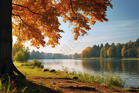 枫树下的湖畔背景图片