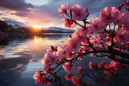 日落湖畔的粉色花树图片