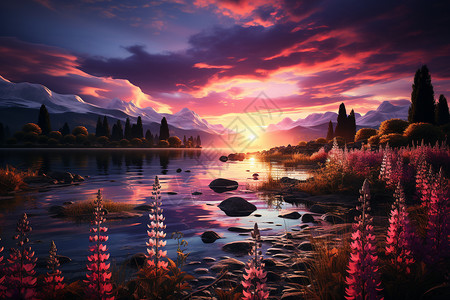 新西兰日落美景新西兰日出的湖光美景插画