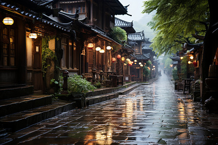 石灯笼雨夜的古街背景