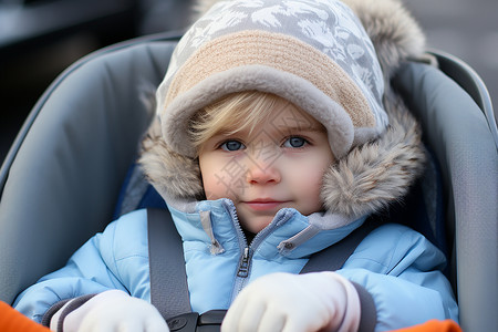 冬季坐在婴儿车上戴帽子的小男孩图片