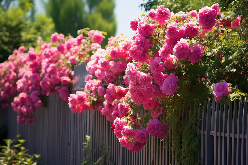 篱笆上的玫瑰花丛图片