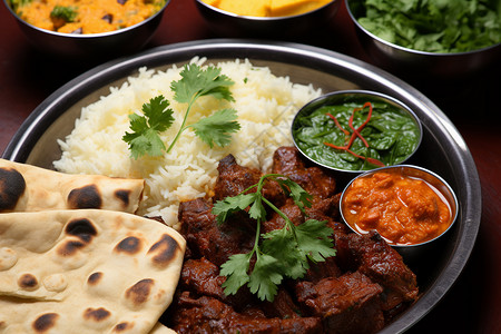 印度菜餐桌上的米饭拌肉和蔬菜的食物背景