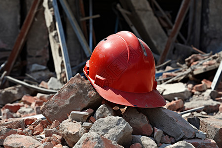 地震安全三角区碎石上的红色安全帽背景