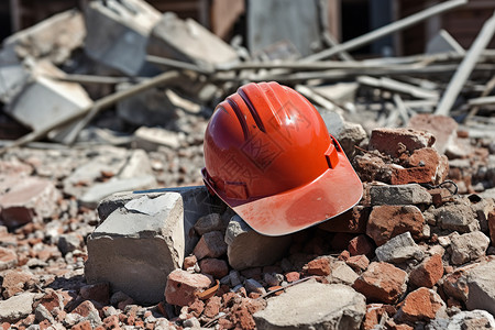 废墟中的红色安全帽高清图片
