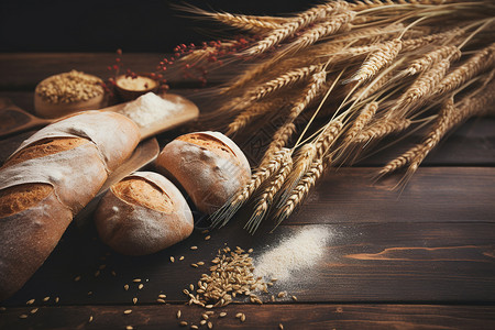 桌了上的小麦和面包图片