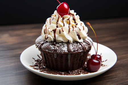 奶油巧克力雪糕巧克力奶油蛋糕和樱桃背景
