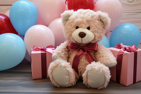 粉红熊坐在在堆气球旁的玩具熊背景