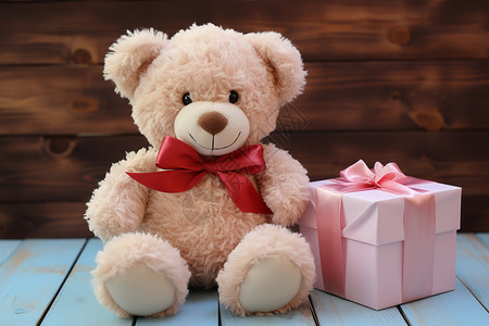 手拿礼物熊蓝色桌上的玩具熊背景