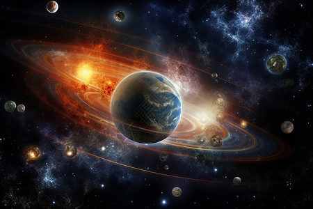 卫星与地球浩瀚宇宙中的行星插画