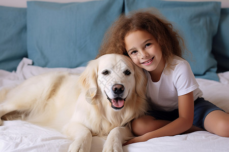 躺在床上的狗和女孩背景图片