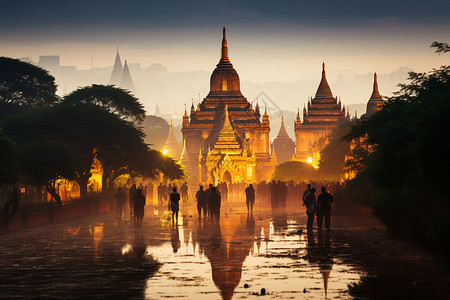 缅甸寺庙夜幕下的街道背景