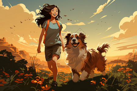 草原上奔跑的小狗和女孩图片
